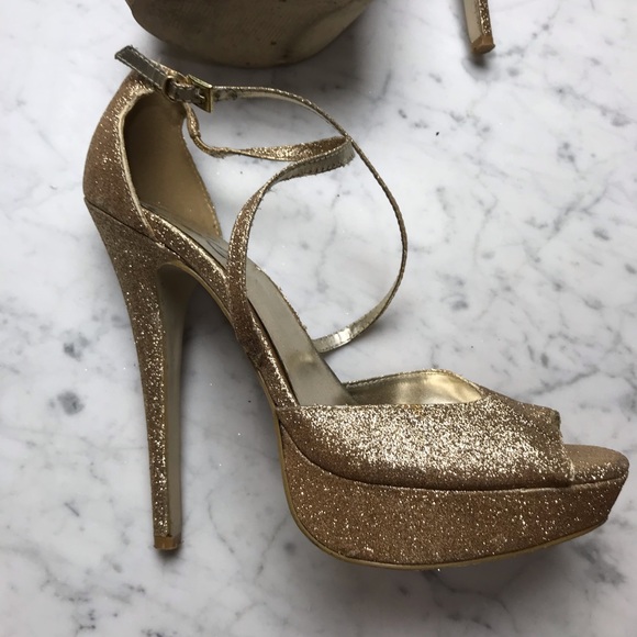 CeCe Gold Glitter Metallic Open Toe Stiletto Heels - Picture 7 of 11